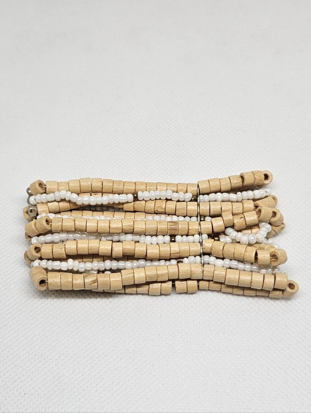Boho Wood Bead Multi Strand Cuff Bracelet White Seed Beads Statement